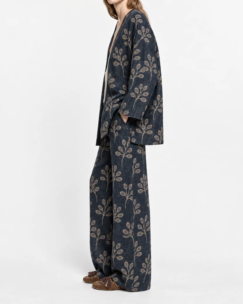 Matching capsule-collection jacket and trousers made from our Botanical Seed-Pod Jacquard