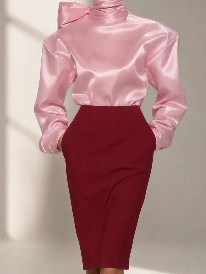 Pink satin blouse and burgundy pencil skirt made from a VD Textile Studio fabric