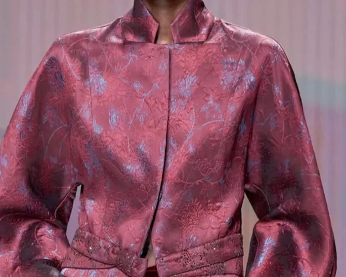 Mauve floral jacquard brocade jacket with an embellished belt