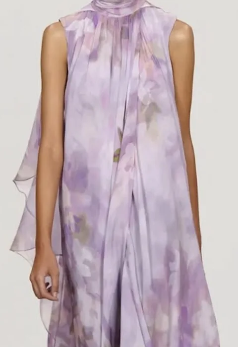 Pale lilac floral chiffon draped dress